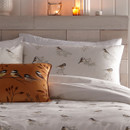Close up of a pillow with the Dreams & Drapes Lodge Chickadees Bedding Set on