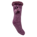 A side view of a purple slipper sock with a fluffy trim and pom-pom detailing at the side.