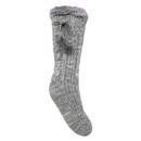 A side view of a grey, chunky knit slipper sock with a fluffy trim and pom-pom detailing to the side.