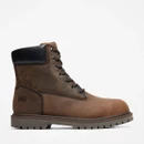 Side profile of a brown leather lace-up work boot with a padded black collar and thick tread sole, against a white background.