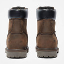 Rear view of a pair of brown leather lace-up work boots with padded black collars, showing heel stitching and Timberland PRO branding.