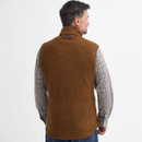 Man facing away, wearing a brown fleece gilet over a plaid shirt. Casual attire suggests a relaxed, outdoorsy tone against a plain white background.