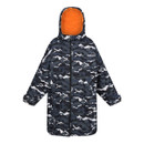 Camouflage-patterned coat with dark navy, white, and gray splotches, featuring a bright orange fleece lining. It has a hood, zip, and wrist straps.