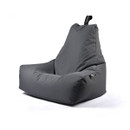 A grey, triangular bean bag chair with a backrest, featuring a modern and relaxed design, sits on a white background, conveying comfort and casual style.