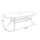 A technical line drawing of an oval outdoor dining table with curved legs and a central parasol hole, labelled with full length, width and height dimensions in centimetres.