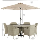 An outdoor dining set featuring a large parasol, a circular table, and six matching woven chairs, with measurements included.