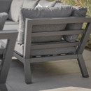 Modern outdoor armchair with grey cushions and a sleek black frame.