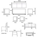 Diagram showing furniture layout with dimensions in centimetres. Includes a table, recliner chair, 3-seater sofa, footstool, and cushions.