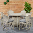 Outdoor patio set with six wicker chairs and a round table, featuring grey cushions. Set on gray carpet, against a wooden wall with green plants. Cosy and inviting.
