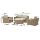 Wicker patio furniture set with cushions and dimension labels in centimetres.
