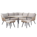 A view of a 7 seater corner dining garden furniture set on a white background