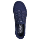 Top view of a navy blue slip-on Skechers sneaker featuring a textured fabric upper and elastic lace design. The insole displays "Skechers Slip-ins" branding.