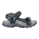 Alt text: Gray and black outdoor sandal with geometric patterns, two adjustable straps, and a rugged sole. The sandal conveys a practical, sporty vibe.