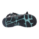 The image shows the sole of a sandal, featuring a rugged, non-slip black rubber tread with blue accents. The design suggests durability and traction.