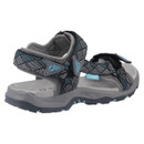 Gray and black trekking sandal with blue accents, featuring adjustable straps and a cushioned footbed. Designed for outdoor activities, conveys durability.