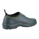 Dark green waterproof slip-on garden shoe with a black elastic collar and a sturdy treaded sole, designed for outdoor work. Simple and durable design.