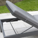 A close up view of the raised section of the sun lounger with grey cushions.