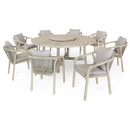 A view of a wooden dining furniture set on a white background