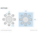 A technical diagram of the Kettler Cora 8 Seat Rope Dining Set showing a round dining table with eight chairs arranged evenly around it, alongside a layout showing the full 390-centimetre footprint and individual chair spacing measurements.