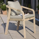 Kettler Cora rope garden dining chair with light wood-effect frame, woven rope backrest, and taupe seat and back cushions styled on a patio.