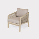 A rope-weave outdoor armchair with beige cushions and a light wooden frame, presented on a plain white background.