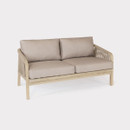 A rope-weave two-seater outdoor sofa with beige cushions and a light wooden frame, shown against a white background.