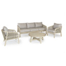 A three-piece rope-weave outdoor lounge set with a three-seater sofa, two armchairs and a round wooden coffee table, displayed on a plain white background.