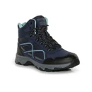 Navy waterproof hiking boot with mint green trim, reinforced black toe cap, patterned laces and rugged grey tread sole on a white background.