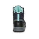 Rear view of a navy hiking boot with mint green padded lining and heel tab, black heel reinforcement and grey tread sole.