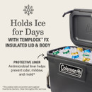 Coleman cooler with ice and drinks, showcasing insulated lid, antimicrobial liner, and features for prolonged ice retention.