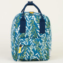 Blue and green leaf-patterned backpack with front pocket and navy straps.