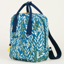 Blue and white leaf-patterned backpack with top handle and shoulder straps.