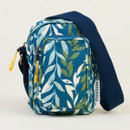 Blue floral patterned sling bag with a navy strap on a light background.