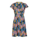 Floral patterned short-sleeve dress with a flared skirt on a white background.