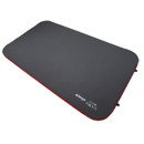 A grey and red inflatable sleeping mat with rounded corners and a logo in the corner. The mat looks comfortable and slightly elevated, ideal for camping.