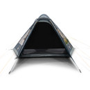 Dark Blue, triangular camping tent pitched with orange guy lines, open to reveal a black interior and camping mat. Minimalist and adventure-focused.