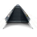 A dark blue triangular tent with an open entrance. It shows orange guy lines on each side, set up against a plain white background.