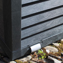 Close-up of the roller support detail at the base of the slatted garden storage box.