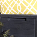 Close-up of the integrated handle on the black garden storage box.