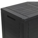 Close-up of the corner and handle detail on the black garden storage box.