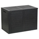 Black garden storage box with a flat lid shown on a plain background.