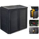 Black garden storage box with double doors, shown with inset images demonstrating storage for recycling bins, garden tools and a lockable handle.