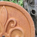 Close-up of a weathered, ornate metal surface with a fleur-de-lis design. The rusty texture contrasts with blurred greenery and an old log in the background.