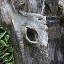 Close-up of a textured, tree-like fountain with water cascading over its rough surface, framed by vibrant green leaves, creating a serene, natural atmosphere.