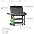 Annotated feature graphic of the four-burner bbq, highlighting the lid, side shelf, wheels and storage shelves.