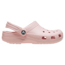 A single light pink clog shoe with ventilation holes and a heel strap. The shoe is made of rubber with a textured sole, showcasing a casual style.