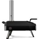 Side profile of Ooni outdoor pizza oven showing chimney, temperature gauge and angled stainless steel legs.
