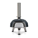 Rear view of Ooni wood-fired pizza oven showing chimney, rear fuel feed and compact outdoor design.