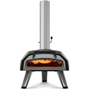 Front view of Ooni wood-fired pizza oven with chimney and visible flame inside the cooking chamber.