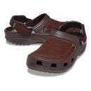 Pair of brown Crocs Yukon Vista II clogs showing front and side view with rugged sole and adjustable strap